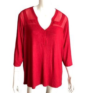 Roz & Ali Woman 2X Red Stretch Top w/ Sheer Shoulder Cutouts – 3/4 Sleeves